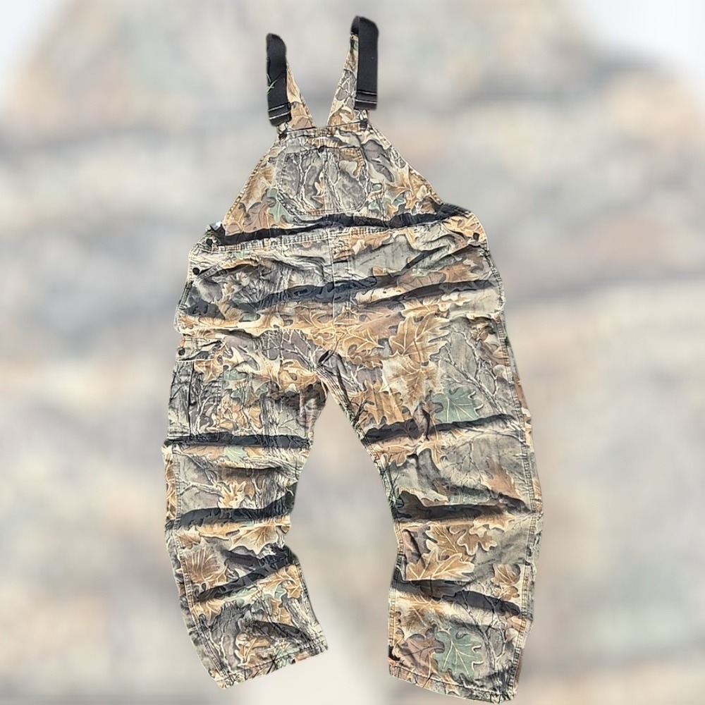 VTG Round House Mens 48X34 Camo Bib‎ Overalls Hunting Workwear Pants Brown USA